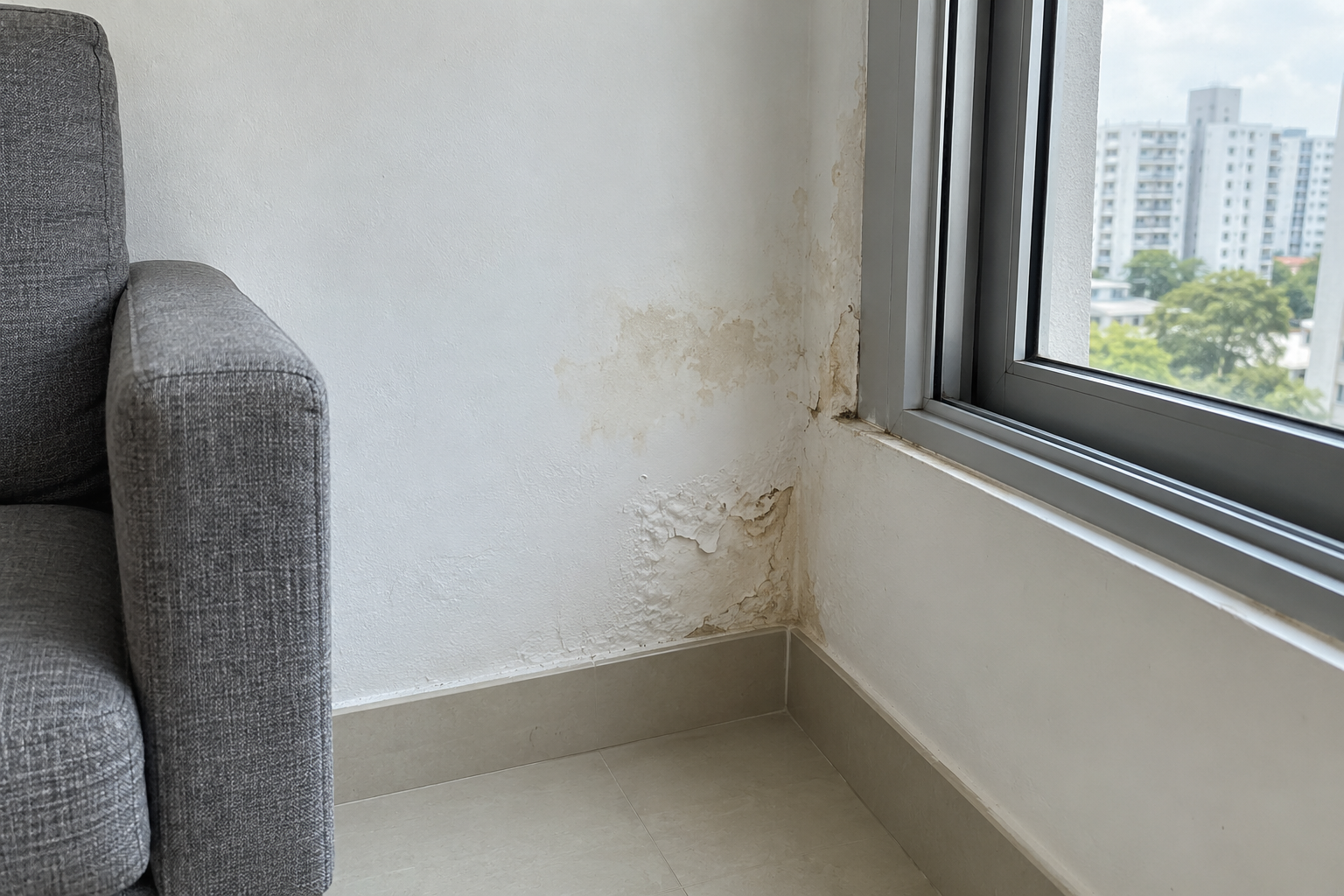 Sample inspection: water staining beside a living-room window